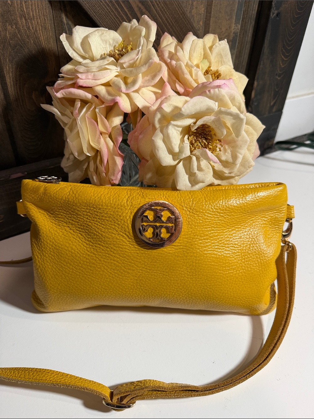Tory Burch Mustard Yellow Pebbled Leather Clutch Crossbody